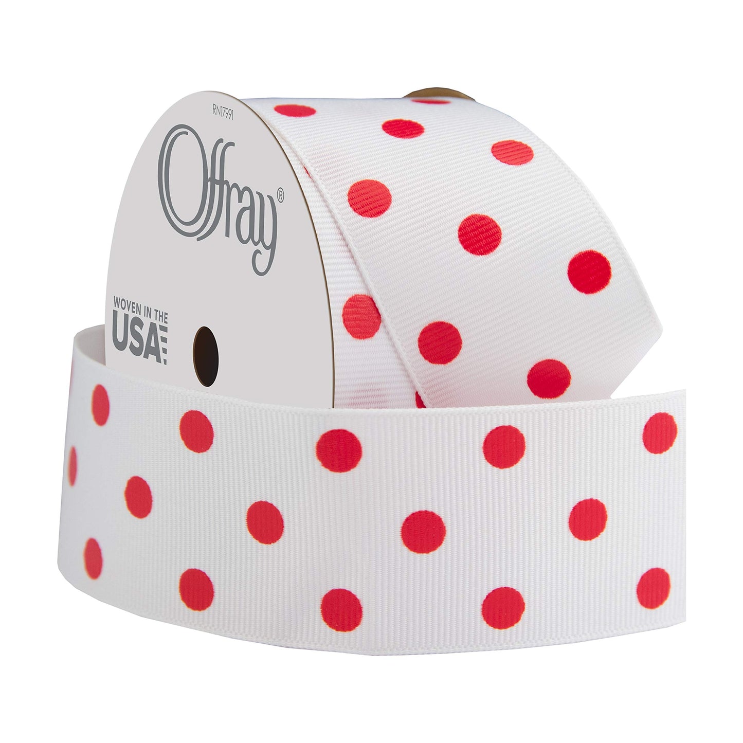 Offray 876716 1.5" Wide Grosgrain Ribbon, Red and White Polka Dot, 3 Yards