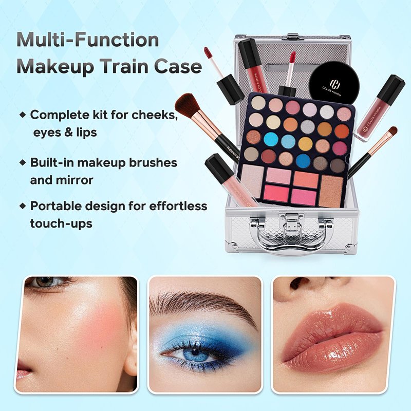Color Nymph Beginner Makeup Kit For Teens With The Small Cosmetic Train Case Included 24-Colors Eyeshadow Palette Blushes Bronzer Highlighter Lipstick Brushes Mirror(Silver)