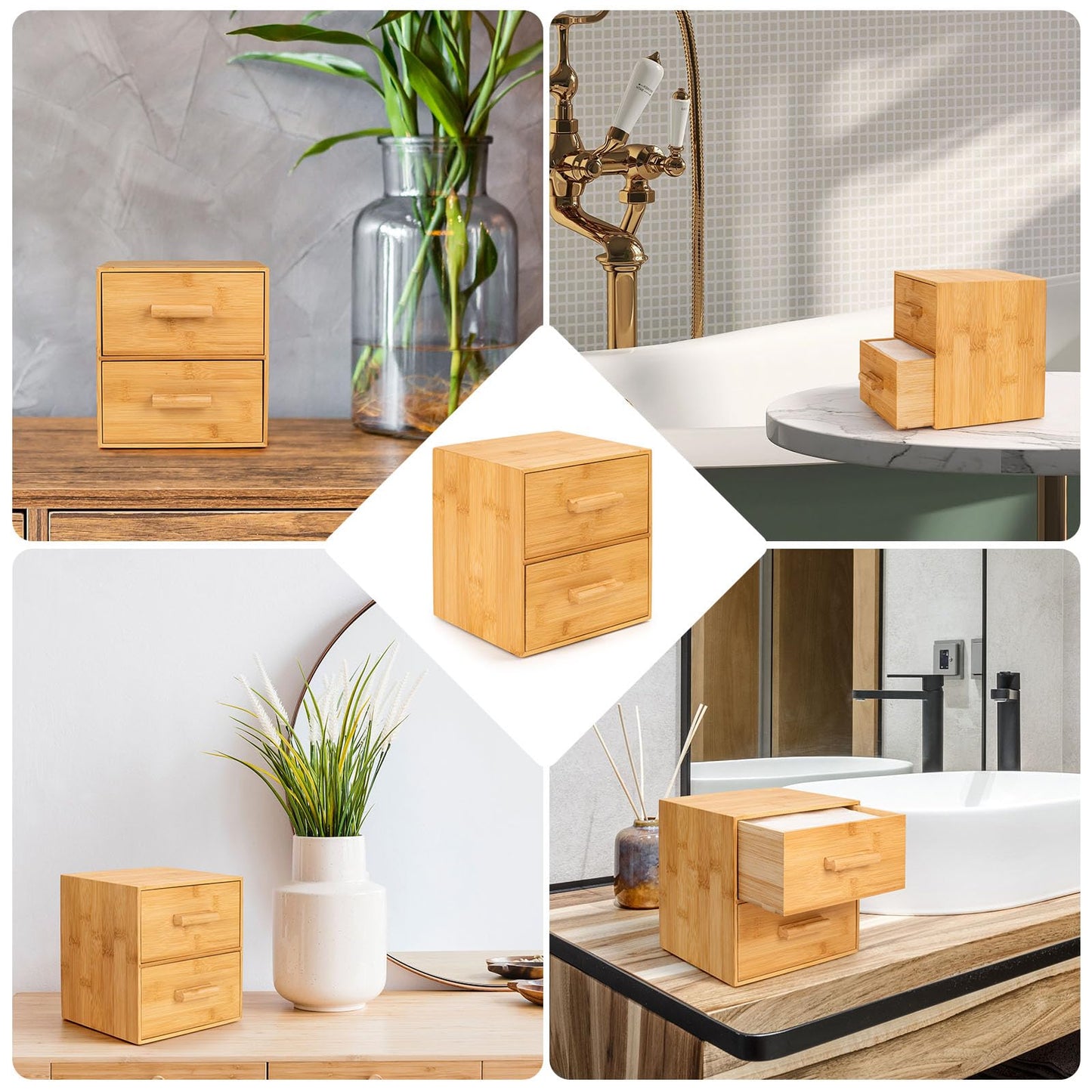 Bamboo Box with Makeup Remover Wipes, 50 XL Disposable Towels, Wash Cloths for Face and Body, Double-drawer Container for Face Towelettes