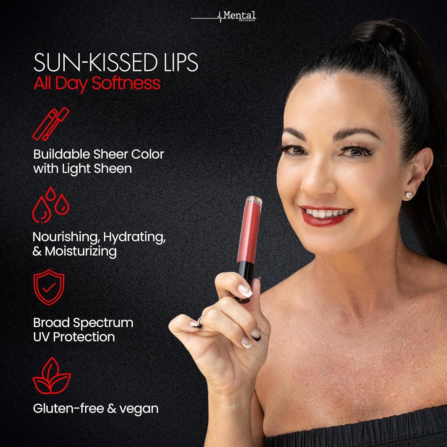 Mental Skincare Hydrating Brown Tinted Lip Gloss – Weightless Formula with Soft Luminous Finish & Smooth Color Payoff - Non-Sticky Lip gloss for Women for Long-Wear & Buildable Pigment – 0.11 Fl Oz.