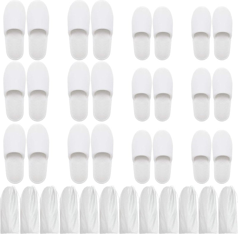 Disposable Spa Slippers - Fluffy Closed Toe Slippers with Drawstring Bags | Two Sizes (S, L) for Home, Travel, Weddings
