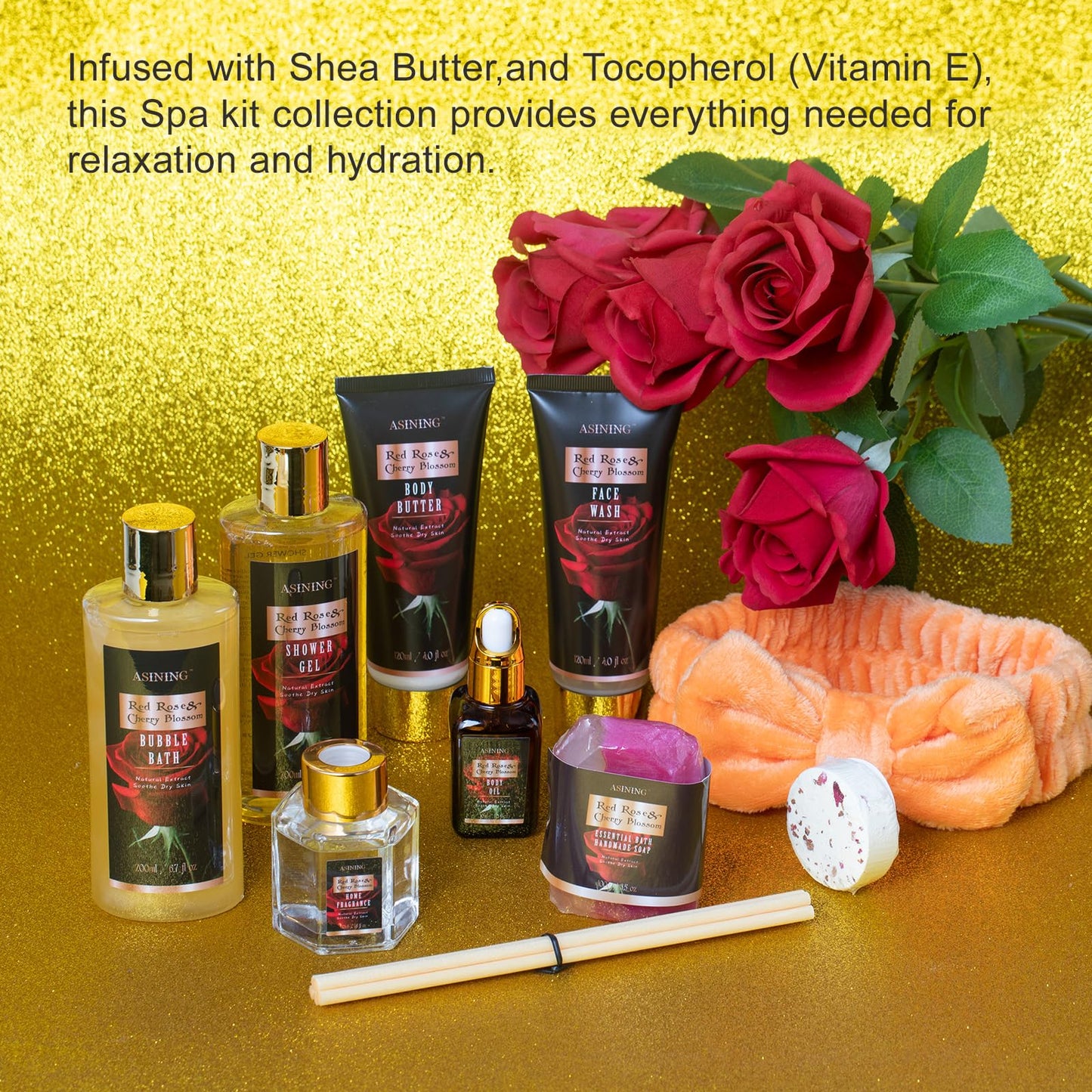 Luxury 14 pcs Cherry Blossom & Rose Bath and Body Basket Gift, Face Skin Care Kit, Home Spa Self Care, Relaxing Care Kit, Birthday, Christmas, Mother, Bridal Shower, Anniversary