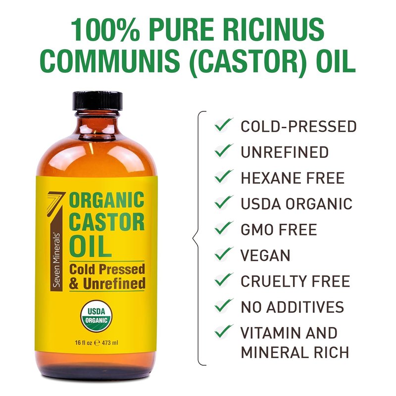 Organic Castor Oil - 16 fl oz Cold Pressed & Unrefined Glass Bottle | 100% Pure & Hexane Free