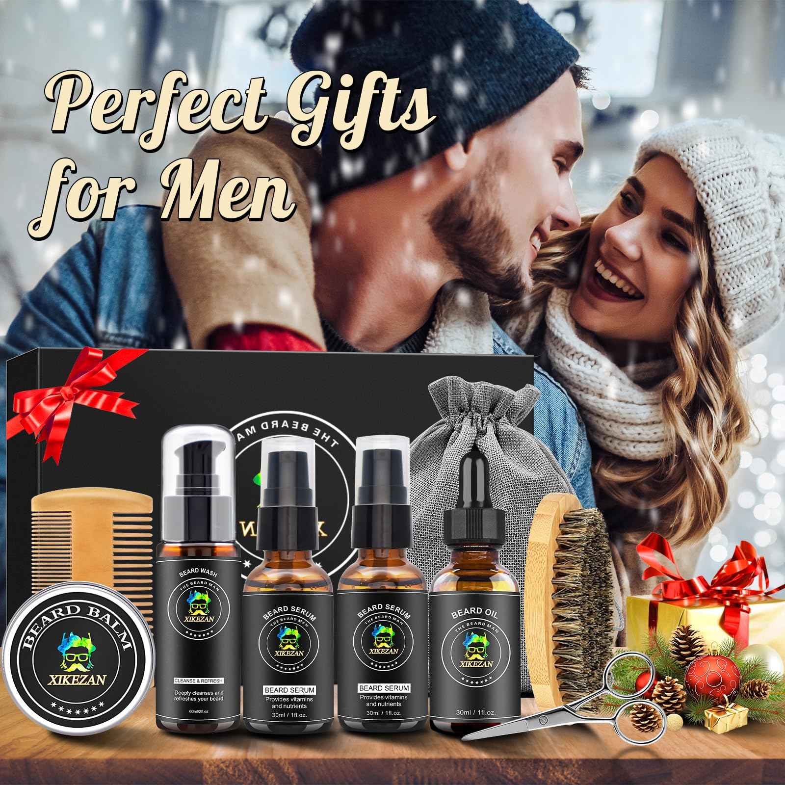 XIKEZAN Beard Kit for Men Grooming & Care Set w/2 Pack Beard Serum, Wash, Oil, Balm, Comb, Brush, Scissor, Bag, EBook, Unique Birthday Gifts for Men Him Dad Husband Brother Christmas Stocking Stuffers