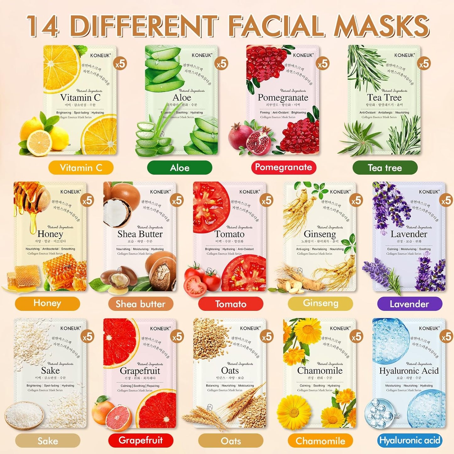 KONEUK Hydrating Sheet Face Masks - 70 Pack for All Skin Types | Spa-Quality Facial Masks for Women