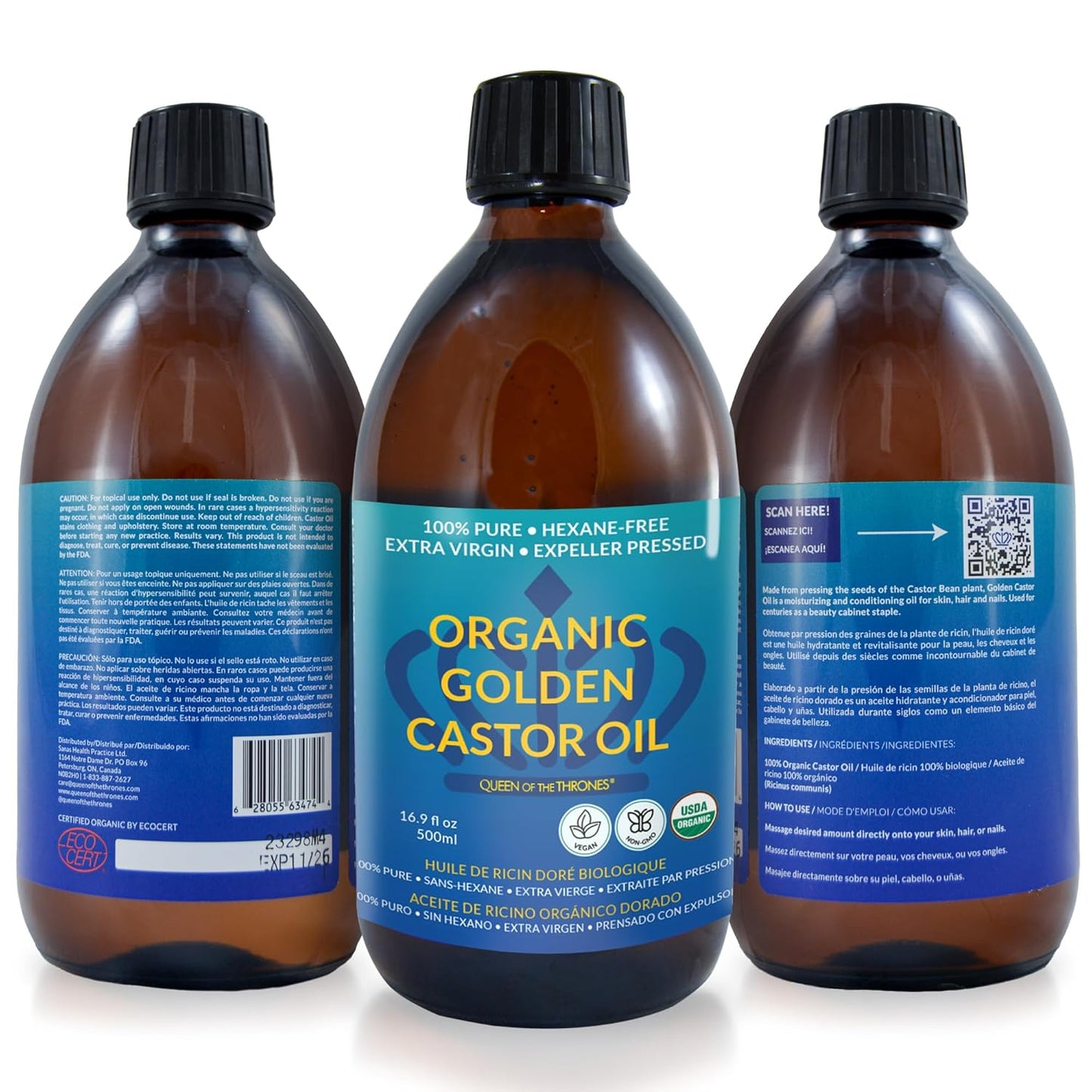 Organic Golden Castor Oil - 100% Pure & Hexane-Free for Hair, Skin, Nails | 16.9oz (500ml)