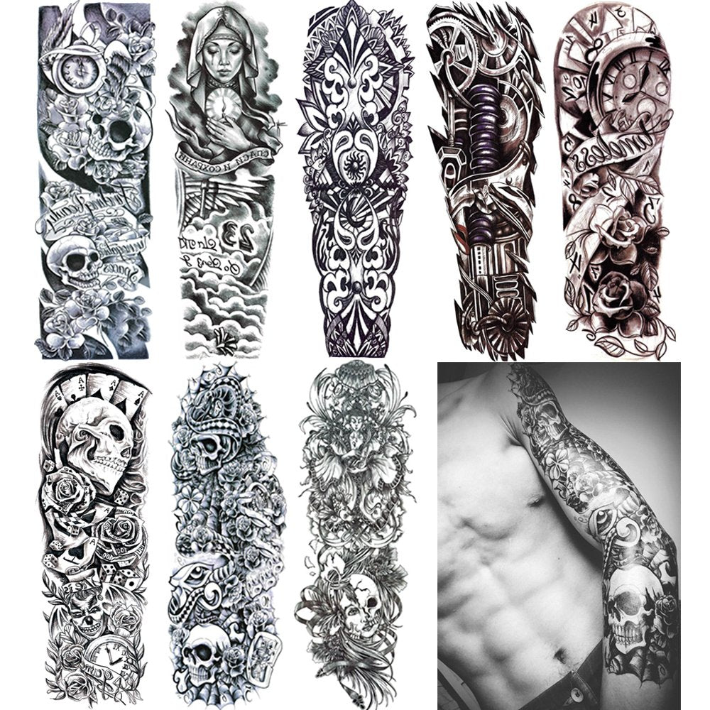 18.9x6.7 8 Sheets Extra Large Temporary Fake Tattoos Set for Men and Women, Full Arm Tattoo Sticker Skull Flower Paper Decal Fake Tattoos Sleeve DIY Black Body Art Sticker, Black 1