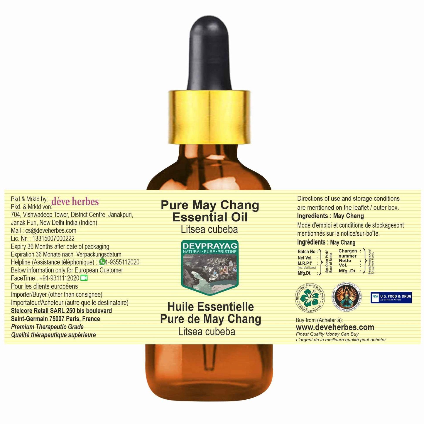 Devprayag May Chang Essential Oil (Litsea cubeba) with Glass Dropper | Pure | Non-Sticky | Non-Greasy | Lightweight | Men & Women | All Skin Types | Steam Distilled 100ml (3.38 oz)