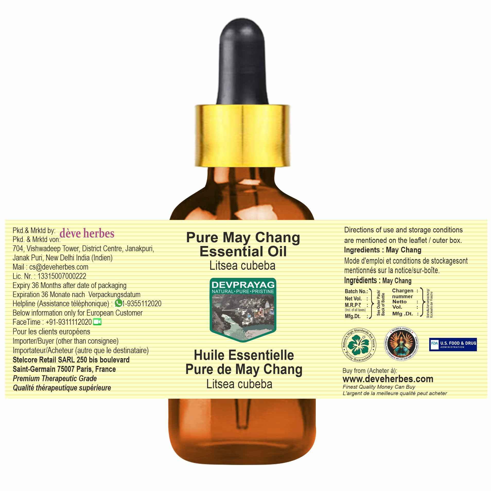 Devprayag May Chang Essential Oil (Litsea cubeba) with Glass Dropper | Pure | Non-Sticky | Non-Greasy | Lightweight | Men & Women | All Skin Types | Steam Distilled 100ml (3.38 oz)
