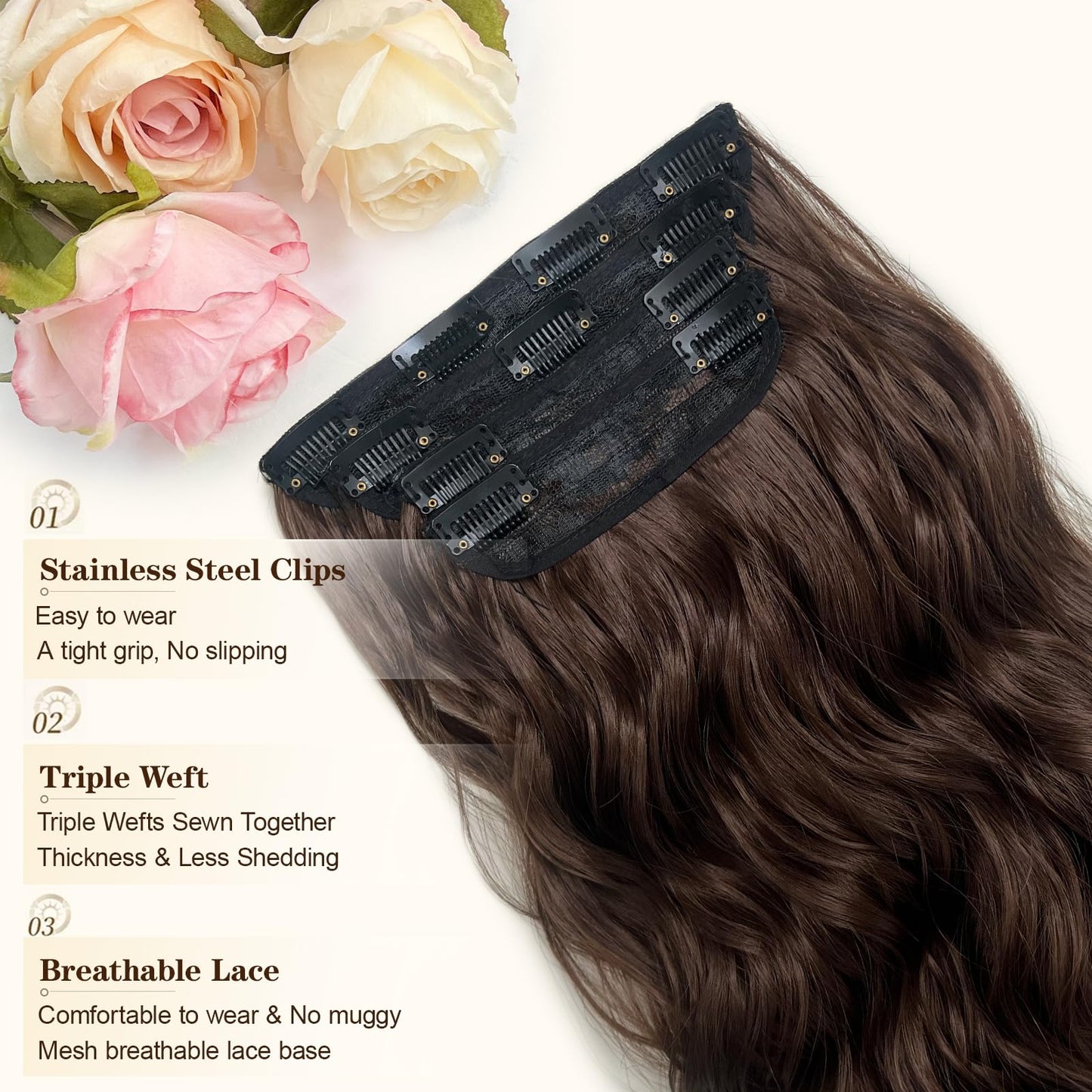 DOULKIKE Clip In Hair Extensions 22 Inch Wavy 4PCs Heat Resistant Synthetic Set (200g Thick) for Daily Use, Undetectable Volume Tangle Free #9 Color