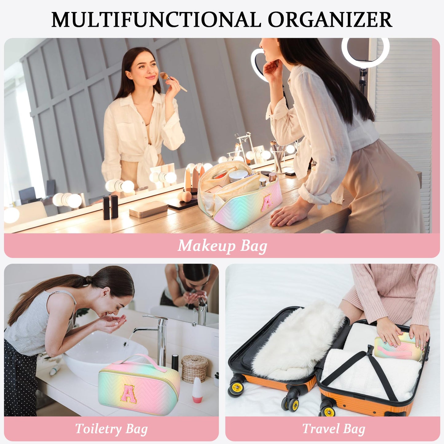 Personalized Initial Travel Makeup Bag | Trendy Girls Make up bags, Large Capacity Colorful Cosmetic Bag Organizer for Women, Leather Waterproof Open Flat Toiletry Bags for Teen friends Gifts - E