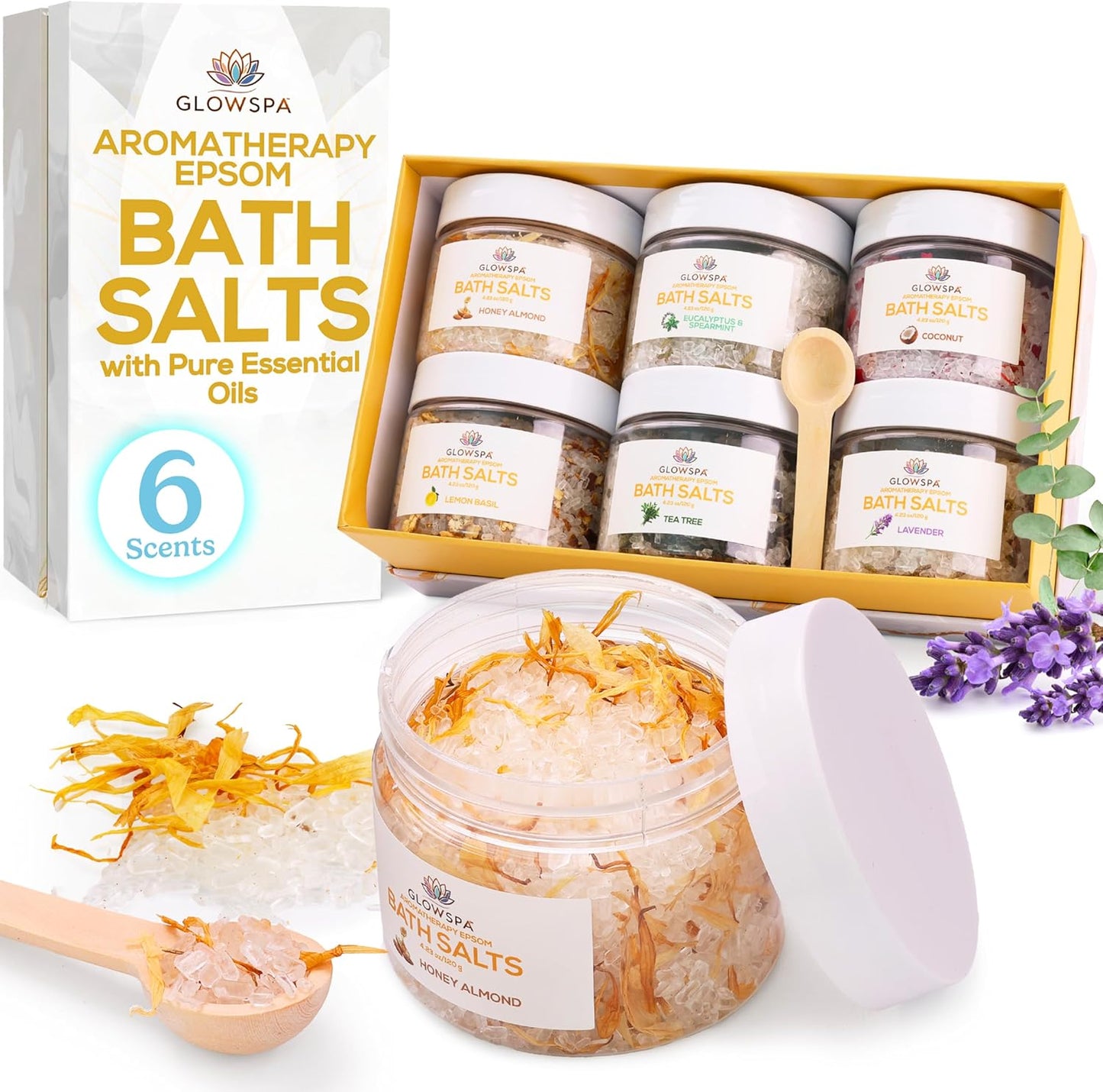 Epsom Salt Bath Soak Gift Set - 6 Relaxing Scented Bath Salts | Lavender, Rose, Chamomile, Eucalyptus, Coconut, Orange