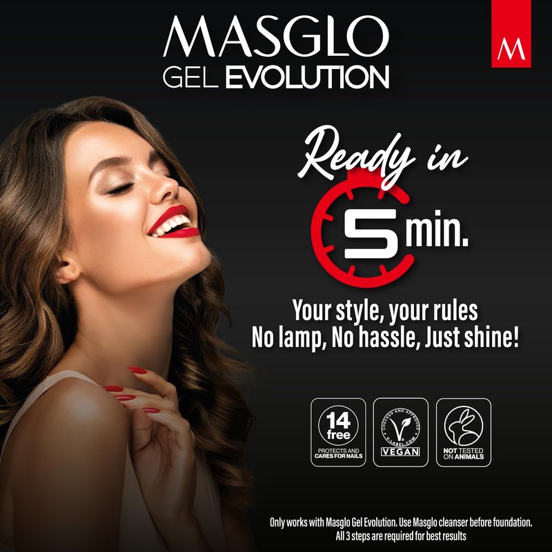 MASGLO Gel Evolution – Nail Polish No UV/LED Lamp Needed, Fast-Drying, 12-Day Wear, 14-Free Formula, High-Gloss Finish, vegan (0.5 oz)