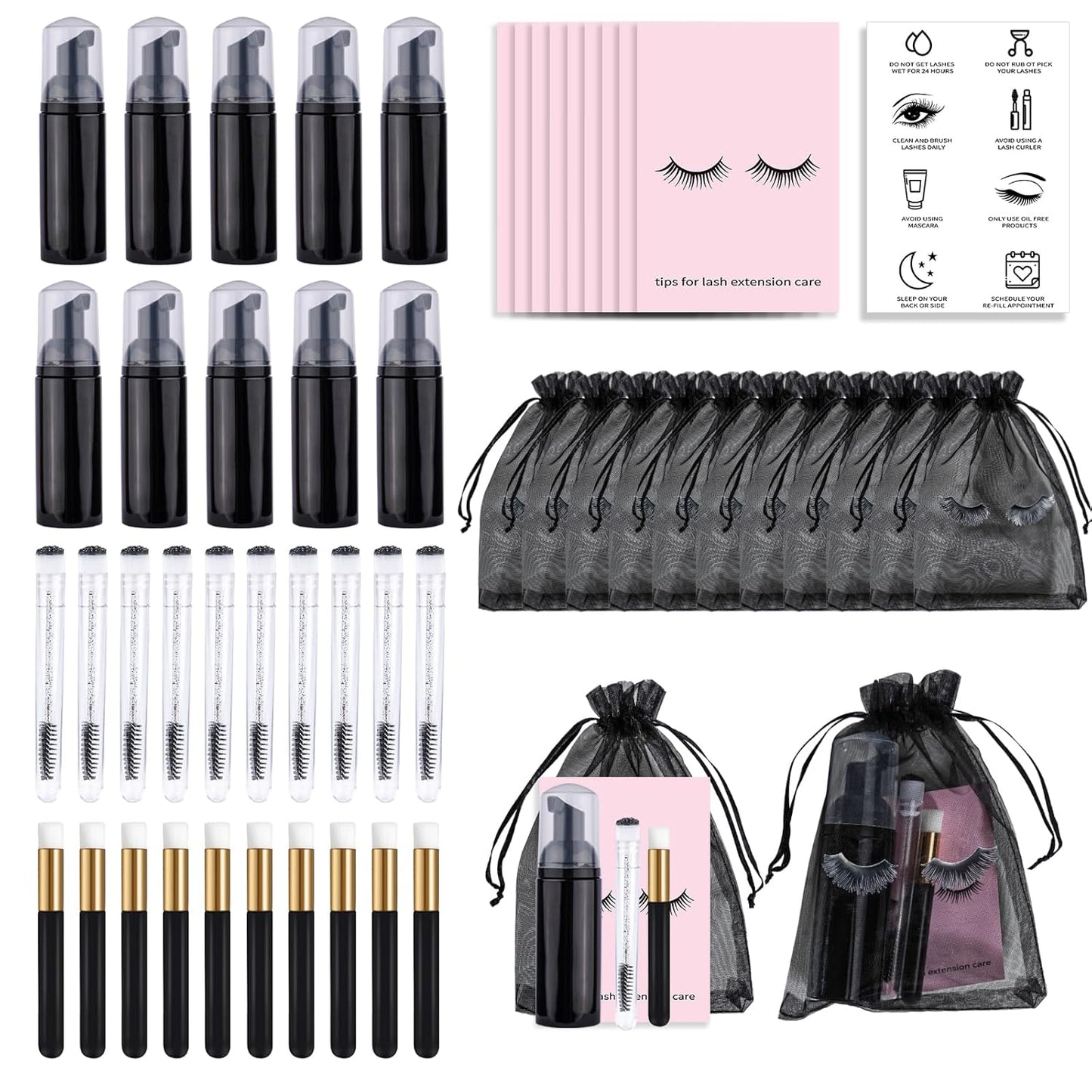 Lash Shampoo Bottles & Brushes Set - 50PCS Eyelash Cleaning Tools | Black Aftercare Bags & Instructions
