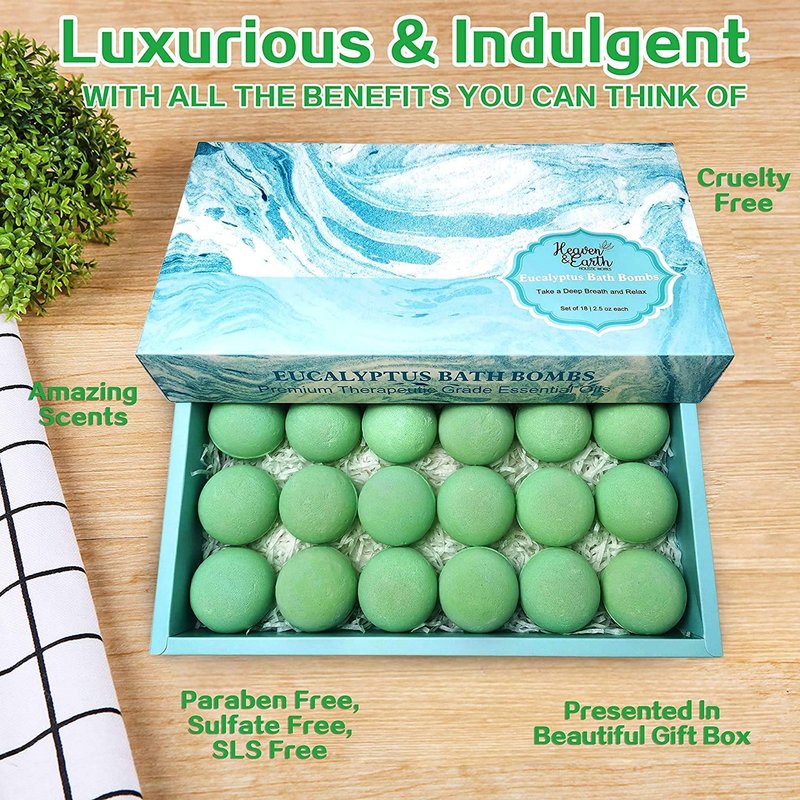 Bath Bomb Gift Sets for Men. 18 Therapeutic Spearmint Eucalyptus Bath Bombs for Sore Muscles. Best Mens Bath Bomb Gift Box for Him & Her