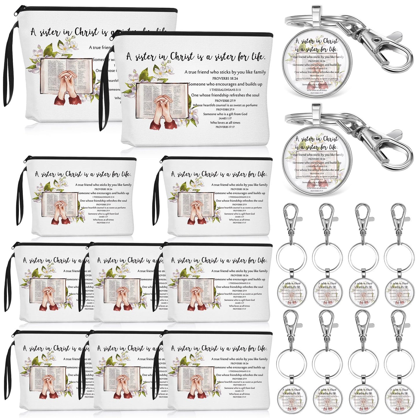 Dansydaisy 32 Pcs 8/16 Set Sister in Christ Gifts Secret Sister Gifts Makeup Bag Bible Verse Keychains for Friends Birthday Gift