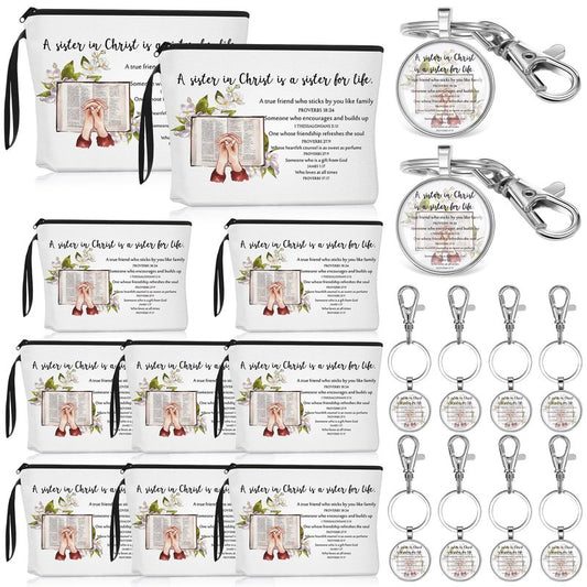 Dansydaisy 32 Pcs 8/16 Set Sister in Christ Gifts Secret Sister Gifts Makeup Bag Bible Verse Keychains for Friends Birthday Gift