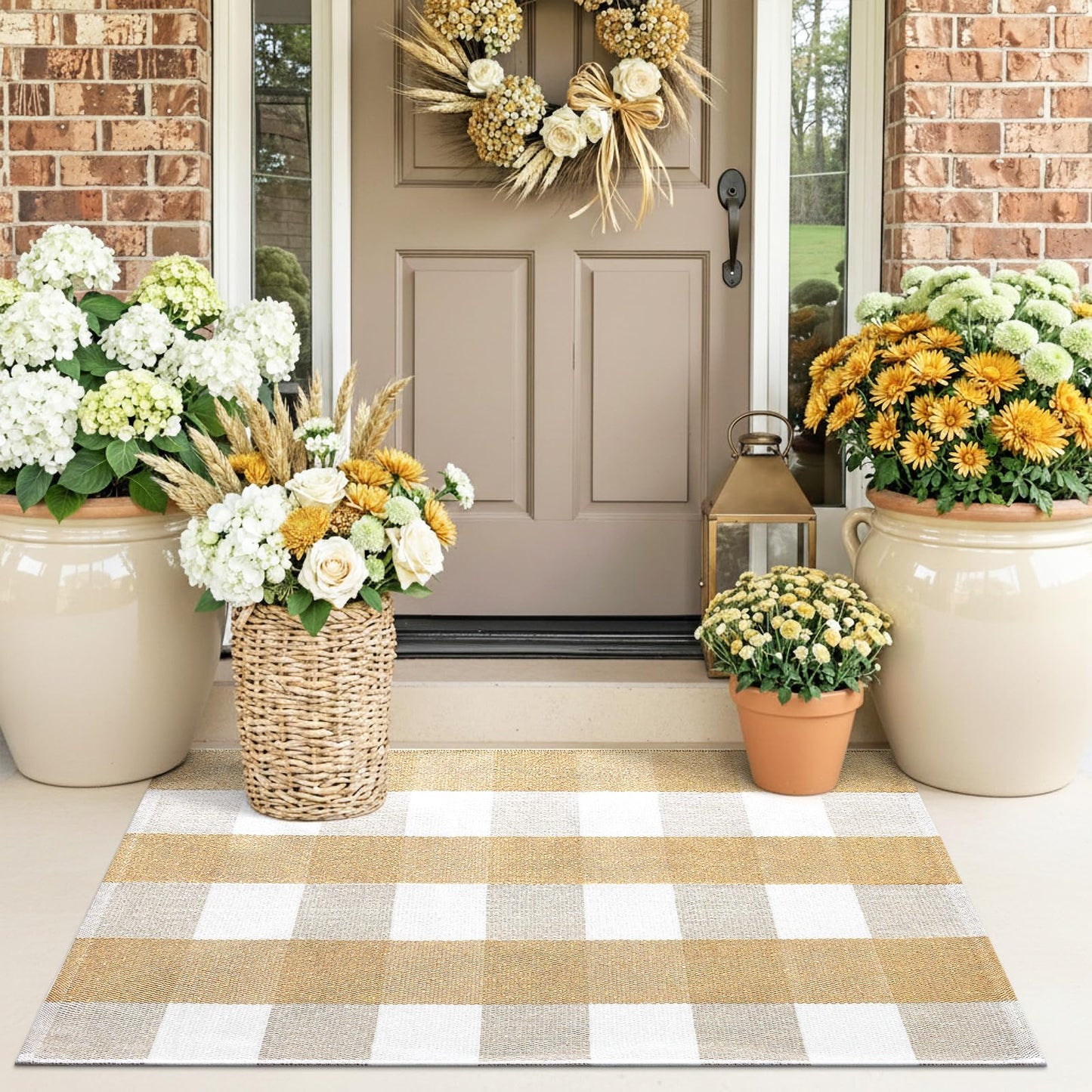OLANLY Buffalo Plaid Rug 2' x 4'3" – Beige and White Cotton Checkered Doormat, Washable Indoor Outdoor Rug for Layered Front Porch, Kitchen, Entryway Decor
