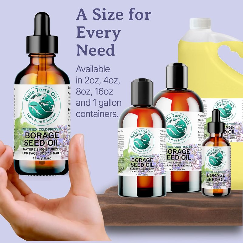 Organic Borage Seed Oil - 4 oz Pure Oil Rich in GLA & Omega-6 | Elevate Skin Radiance & Softness