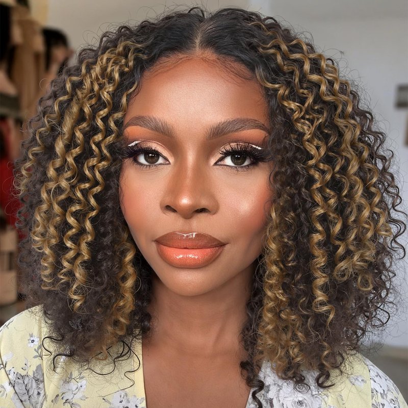 WIGER 15 inch Short Bob Lace Front Wigs 13X4X1 Curly T Part Wigs Middle Part Afro Kinky Curly Wigs Natural Black Synthetic Curly Wig For African American women