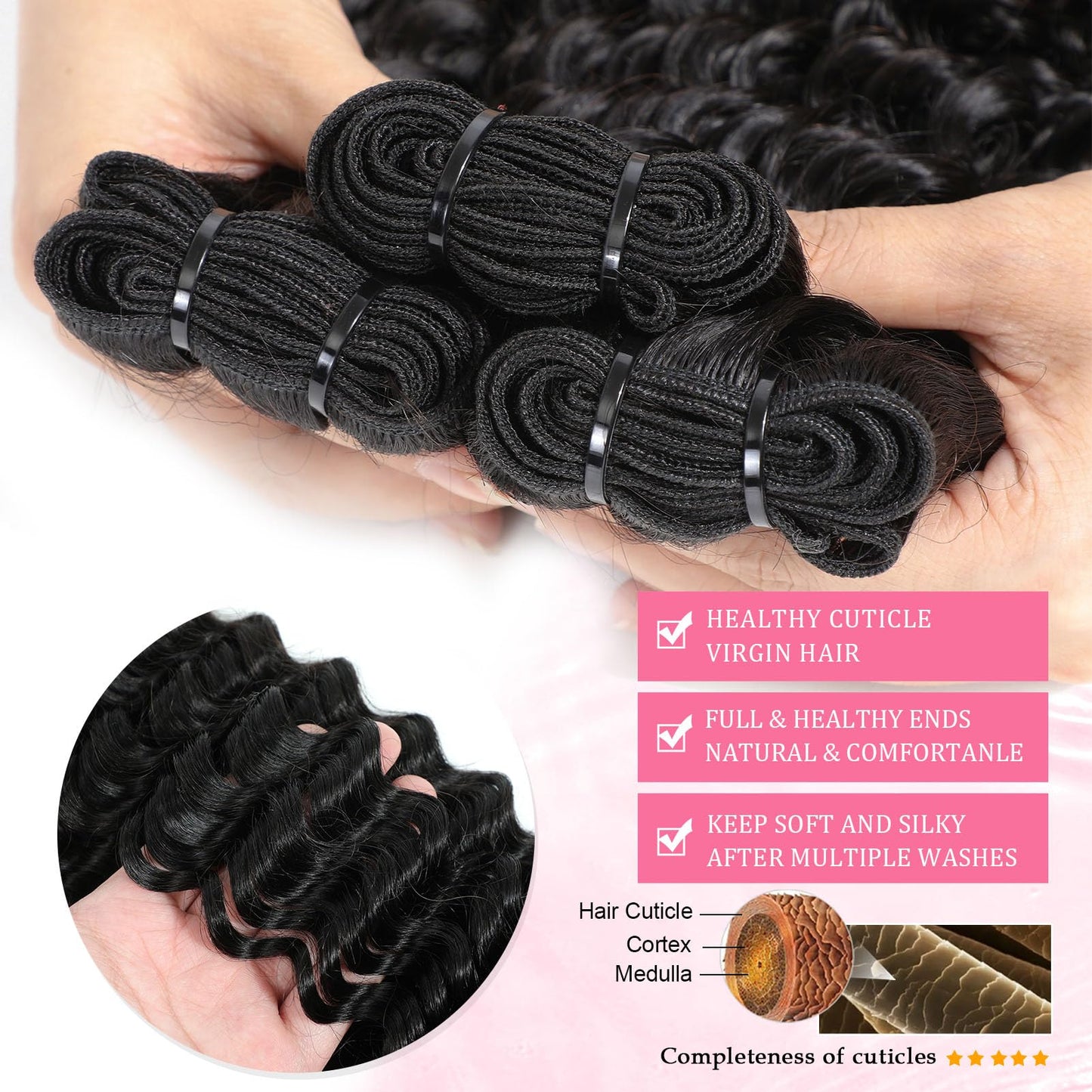msVenus 12A Deep Wave Bundles Human Hair 20 Inches, 100% Unprocessed Indian Human Hair Bundles Wet and Wavy Raw Virgin Hair One Bundles Deal Curly Weave Bundles(Natural Color, 20 Inches)