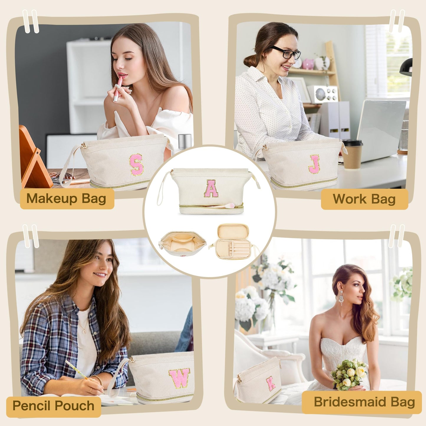 Makeup Bag for Girls Gift, Personalized Valentines Day Gifts Initial Women Makeup Bag for Travel, Double Layer Cosmetic Bag with Brush Organizer Preppy Make up Bag for Teen Girl Trendy - M