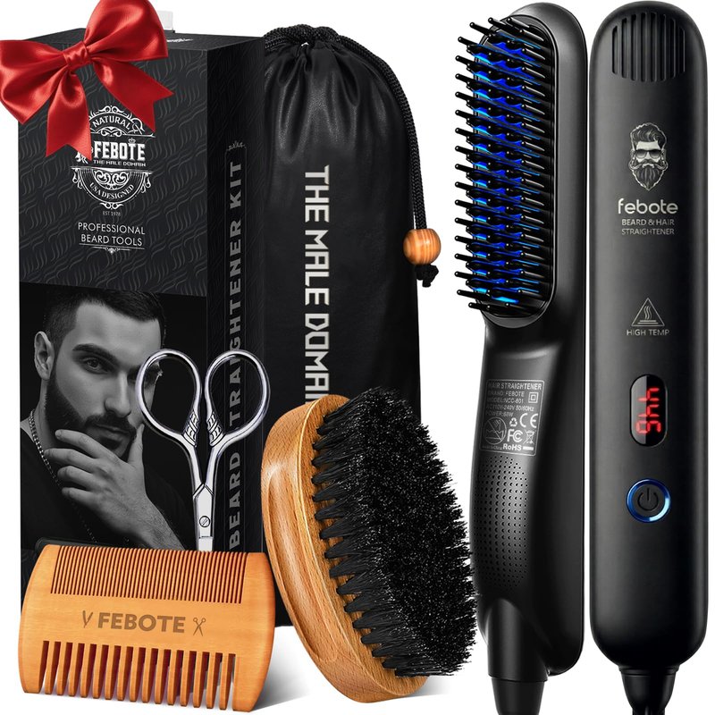FEBOTE Innovation Beard&Hair Straightener for Men w/Natural Boar Bristle Brush, Pear Wood Comb, Mustache Scissors and Travel Bag, Professional Beard Care Set for Him, Men's Fashion and Grooming Gifts