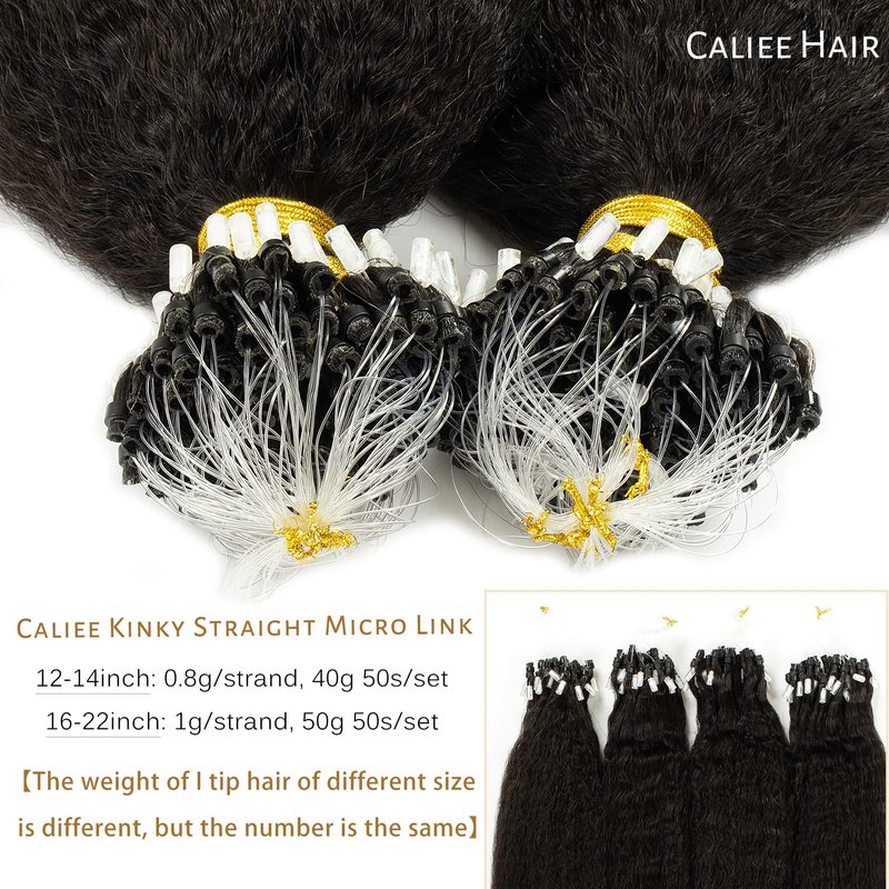 Caliee Microloop Hair Extensions Microlink Human Hair for Black Women Kinky Straight 16 Inch Micro Beads Hair Extensions Human Hair Natural Black 1B Color 50g 50s