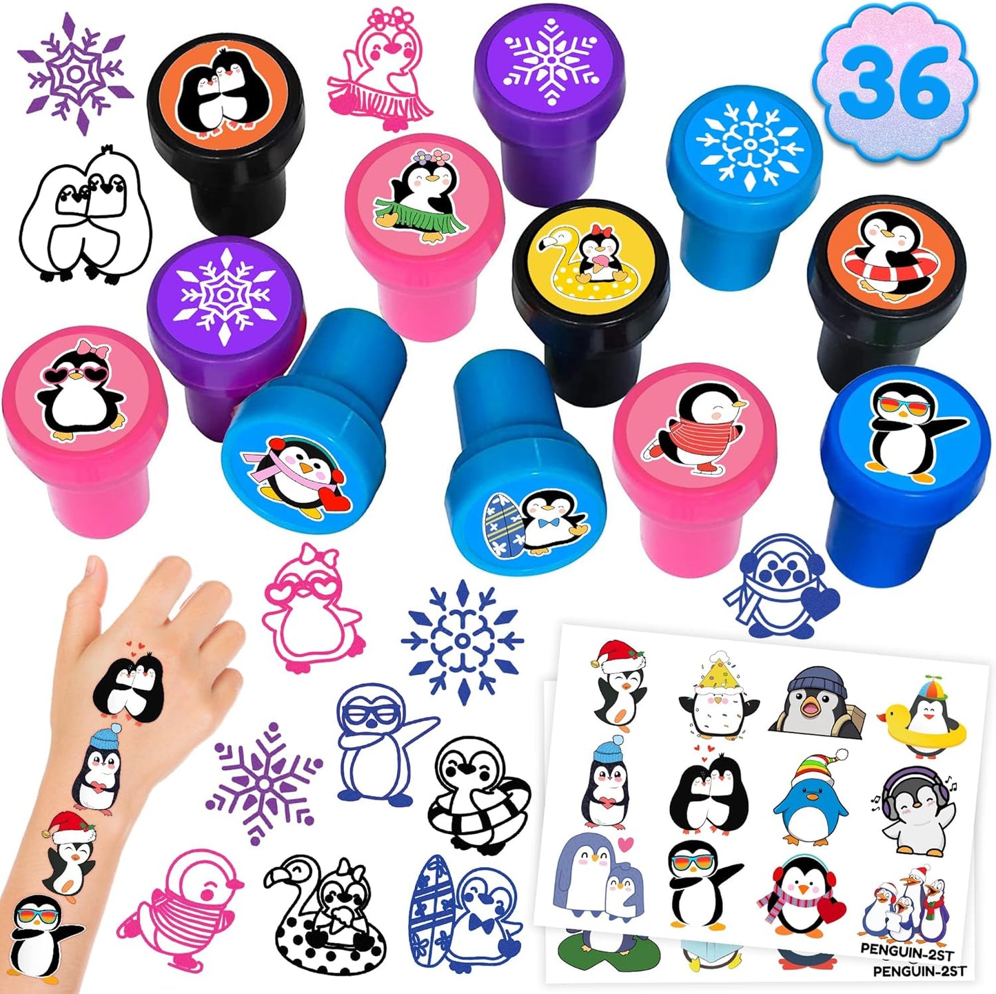 Penguin Party Favors - 36PCS Winter Animal Themed Tattoos & Stamps | Fun Birthday Goodie Bag Supplies for Kids