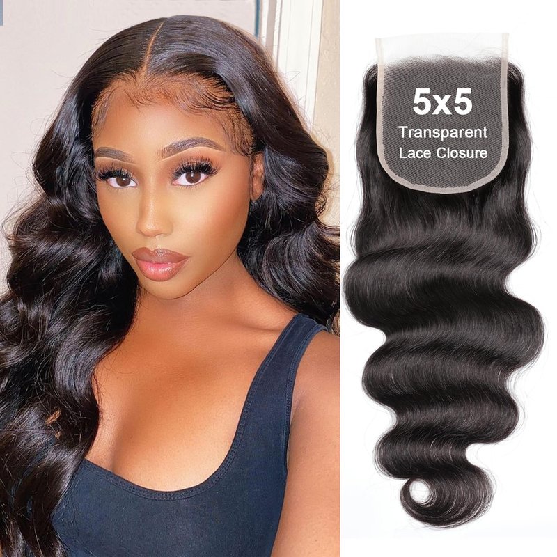 5x5 Lace Closure Body Wave Human Hair - Invisible Ultra-Thin Brazilian Virgin Hair, Pre-Plucked, Natural Black, 16 Inch