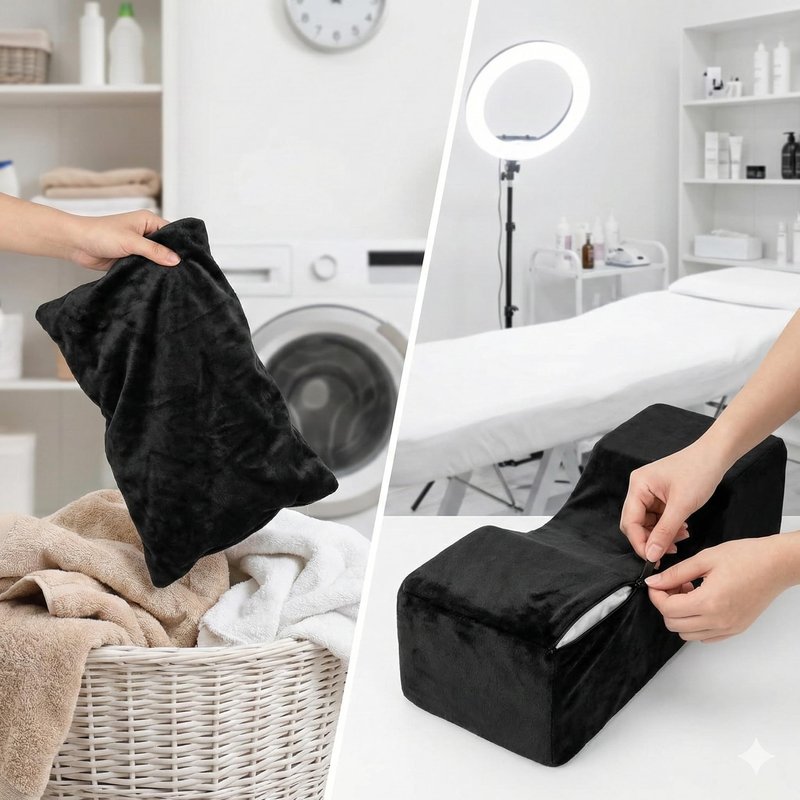 Onism Lash Pillows, Eyelash Extension Pillow with 2 Removable Lash Pillow Covers, Memory Foam Pillow, Velvet Pillowcase with Two Pockets for Tools On The Sides of Lash Bed Pillow, Black