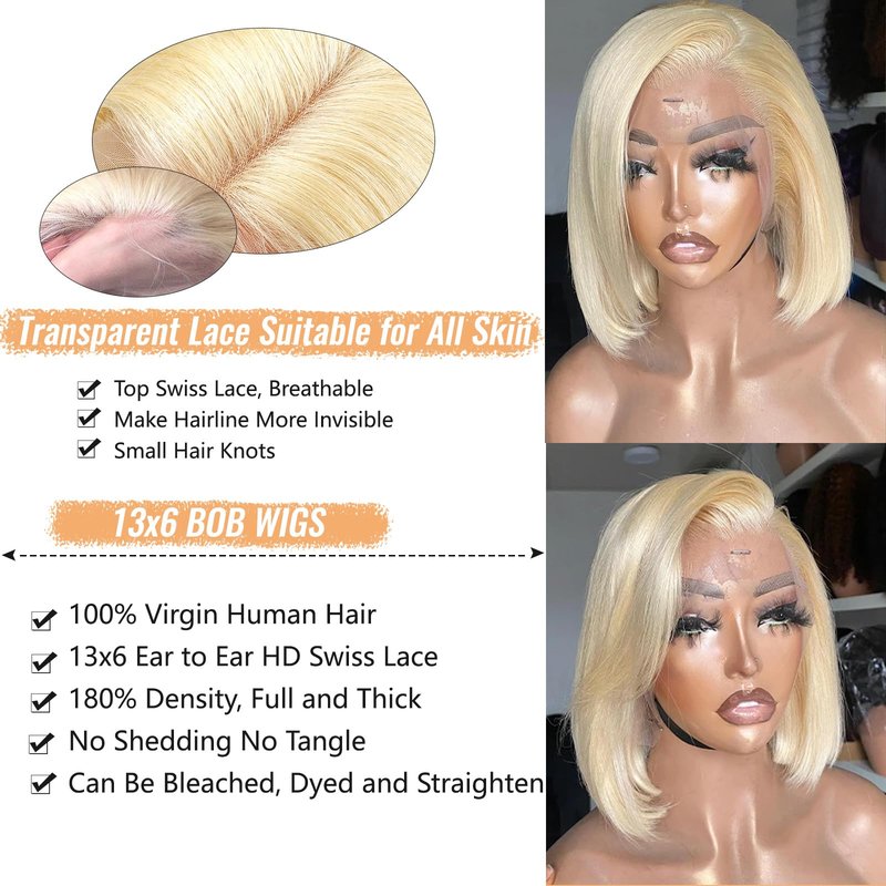 Munx Bob Wig Human Hair 13x4 HD Frontal Lace Wig Real Human Hair 180% Density Straight Blonde 613 Human Hair Wigs for Black Women Glueless Wigs Pre Plucked Blunt Cut Wig 8 Inch