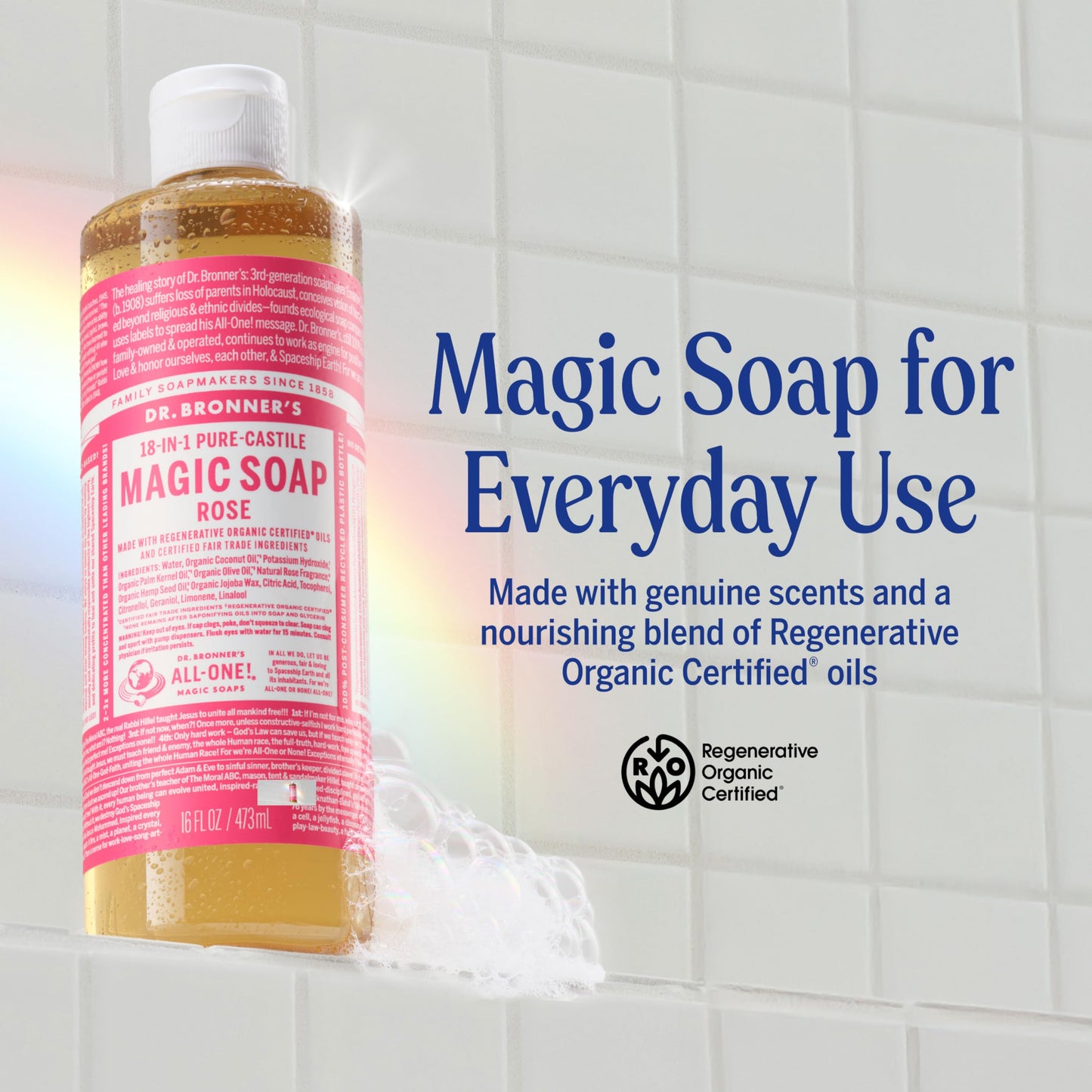 Dr. Bronner's Pure-Castile Magic Liquid Soap (Rose, 32 Ounce, 2-Pack)- Made with Regenerative Organic Certified Oils, 18-in1 Uses: Face, Hair, Hand & Body Soap, Laundry, Pets- Concentrated, Vegan