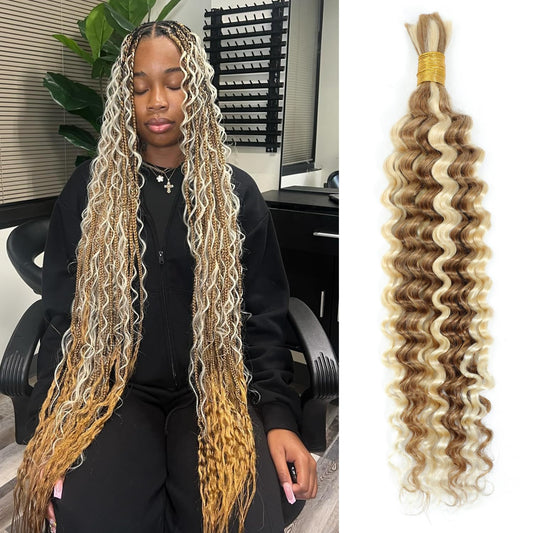 Syrenlore F27/613 Human Hair Deep Wave Bulk for Boho Braids 20 Inch 50G, 12A Multi Blonde Highlight Braiding 100% Real Virgin Hair No Weft Honey Blonde Ombre #27/613 Culry Braids Miracle Knots