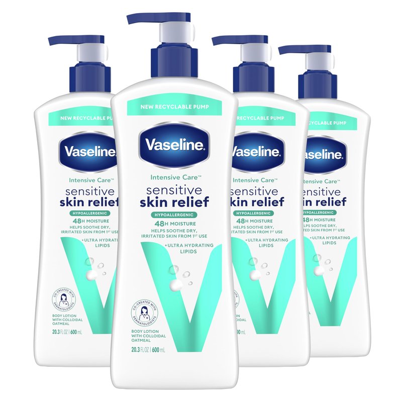 Vaseline Intensive Care Body Lotion 4 Pack Sensitive Skin Relief For Dry Skin With Colloidal Oatmeal and Ultra-Hydrating Lipids 20.3 oz