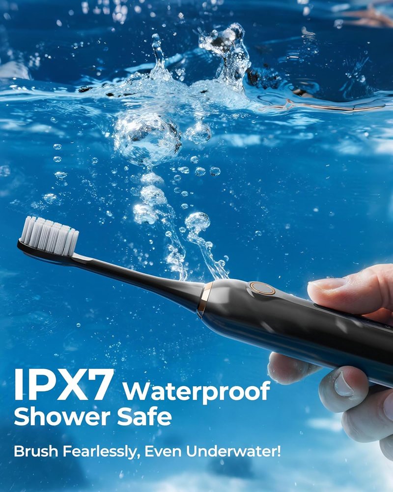 Electric Toothbrush - 4 Brush Heads, Travel Case, 180-Day Battery Life | Waterproof, 6 Modes, Smart Timer