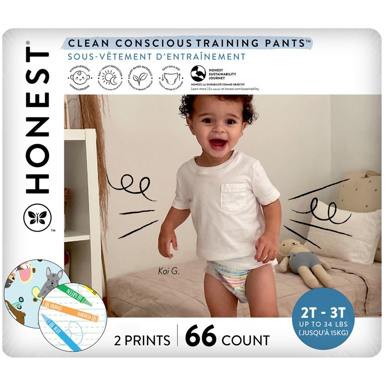 The Honest Company Clean Conscious Training Pants for Sensitive Skin, Hypoallergenic, Fragrance-Free, Let's Color See Me Rollin', Size 2T/3T (up to 34 lbs), 66 Count
