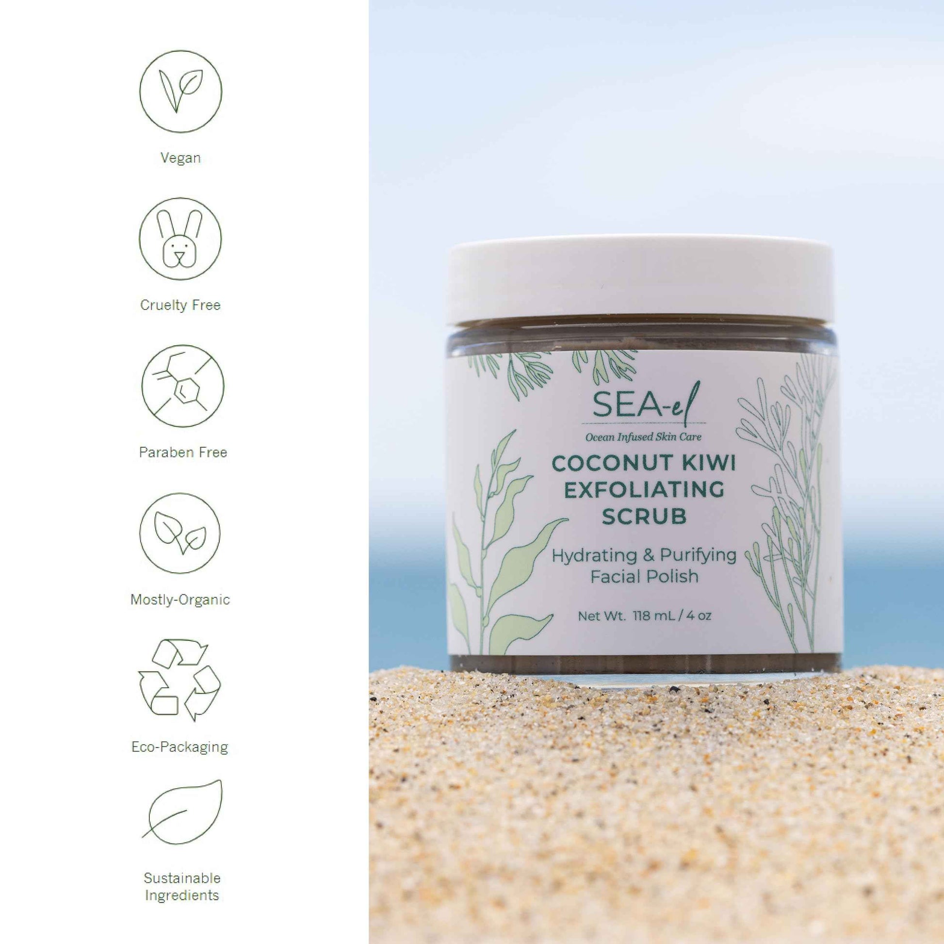 Sea El Coconut Kiwi Exfoliating Face Scrub Hydrating Calming & Purifying Anti Aging Exfoliator - Bamboo Pumice & Green Tea Detoxifying Exfoliant Facial Cleanser & Polish for Women & Men - 4 Oz