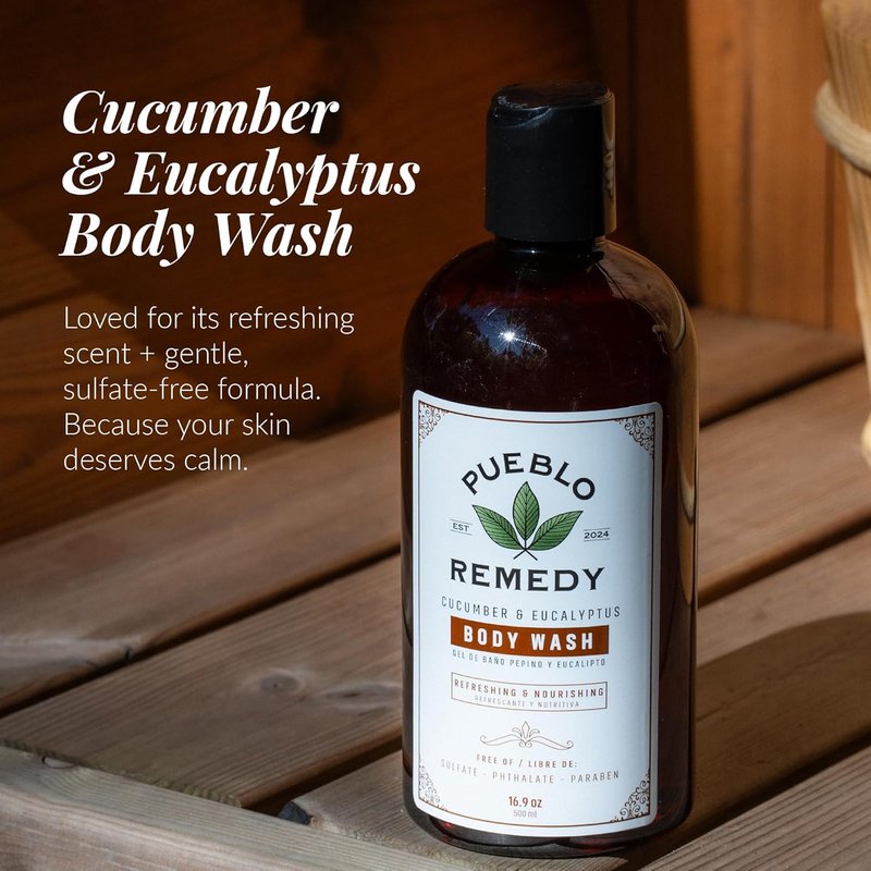 Pueblo Remedy Body Wash - Cucumber & Eucalyptus Shower Gel | Soothing, Vegan, 16.9 Oz