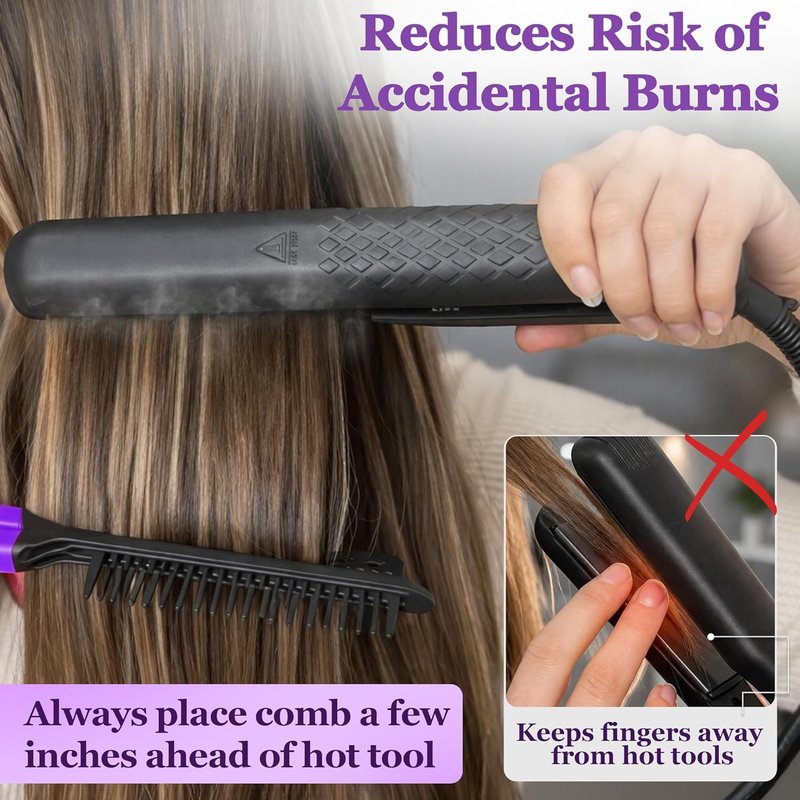 Hair Straightening Comb - Ergonomic Flat Iron Comb for Easy Styling | Reduces Heat Damage - Purple