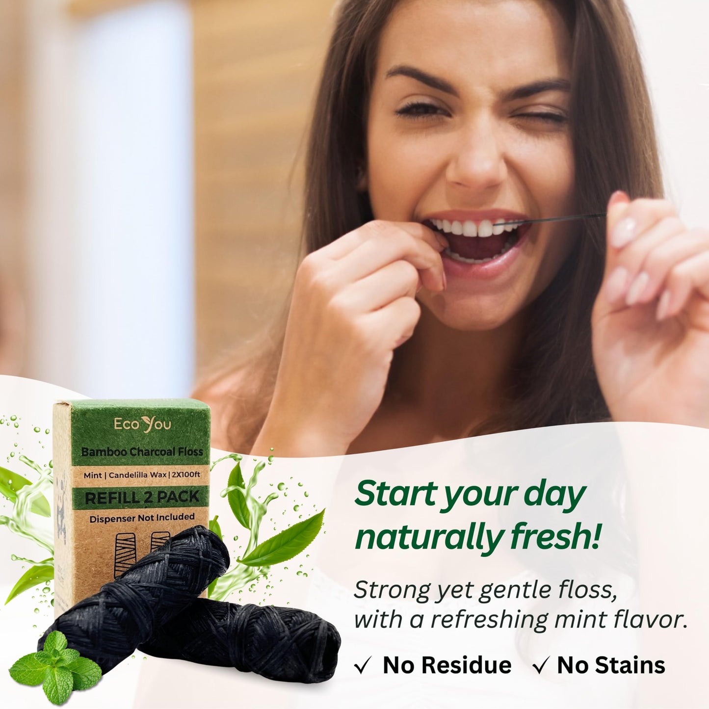 EcoYou Bamboo Charcoal Dental Floss | Mint & Candelilla Wax | Vegan & Biodegradable