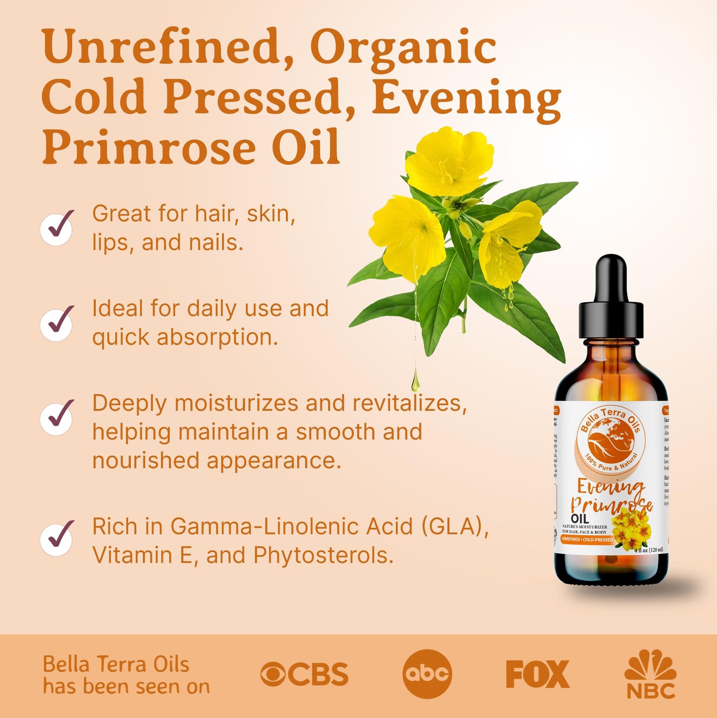 Bella Terra Oils - Organic Evening Primrose Oil 16oz - Discover the Cold-Pressed Excellence of Primrose, Loaded with Essential Nutrients & Omega-6, Distinct Elixir for Luminous Skin
