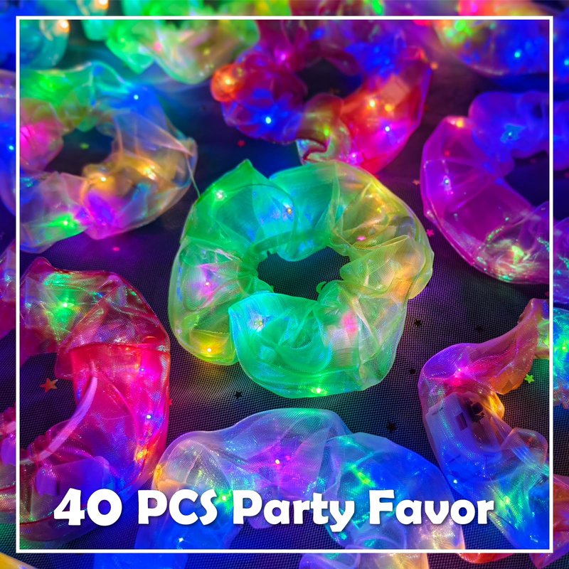 40 PCS Light up Scrunchies, 3 Glow Mode, Hair Accessories for Women, Glow in the Dark Party Supply for Festival Rave Slumber Party