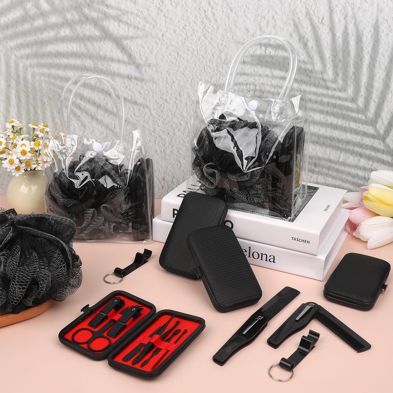 6 Sets Baby Shower Game Prizes for Winners Men Manicure Set Clear Tote Bag Beard Comb Black Bath Sponges Beer Bottle Openers 3-in-1 Micro Screwdrivers Party Gifts for Guests Groomsmen Party