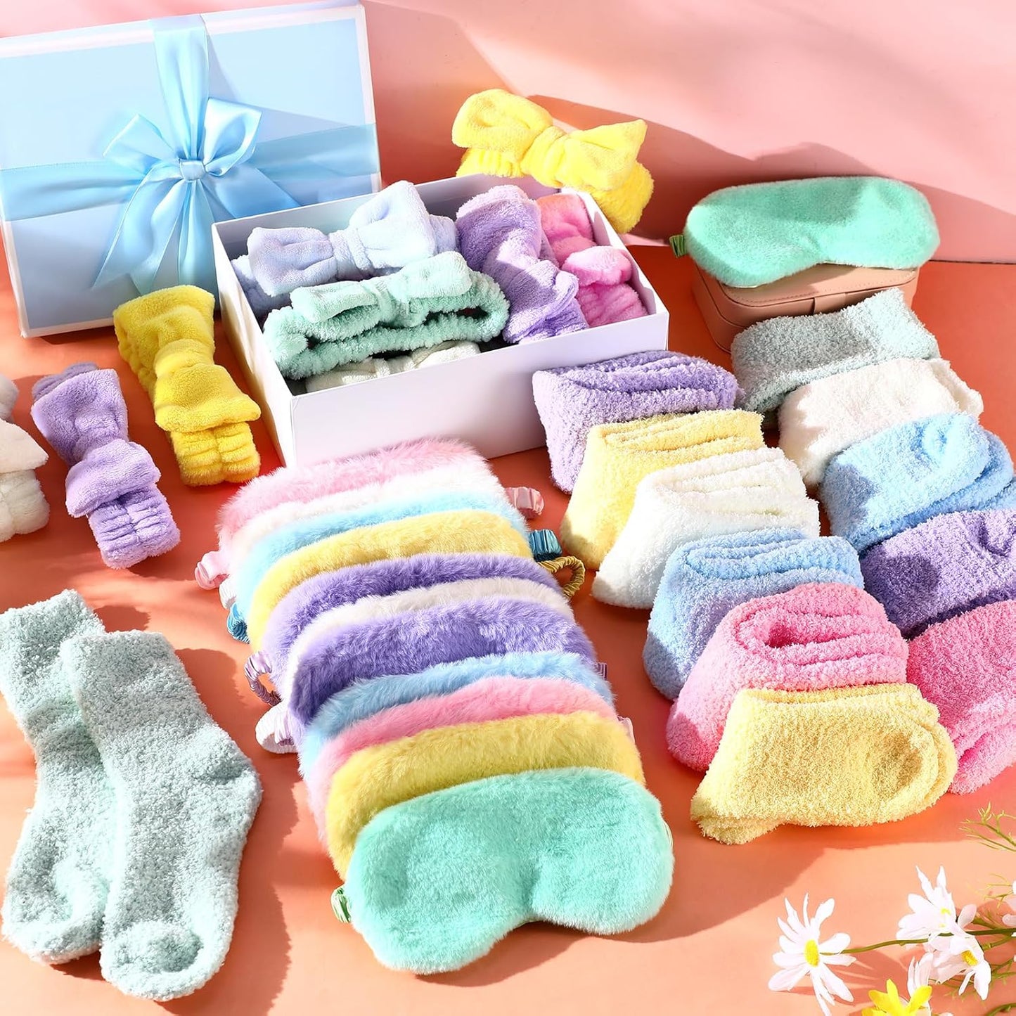 Spa Sleepover Party Supplies - 36 Pcs Plush Eye Masks & Fuzzy Socks | Macaron Colors for Women