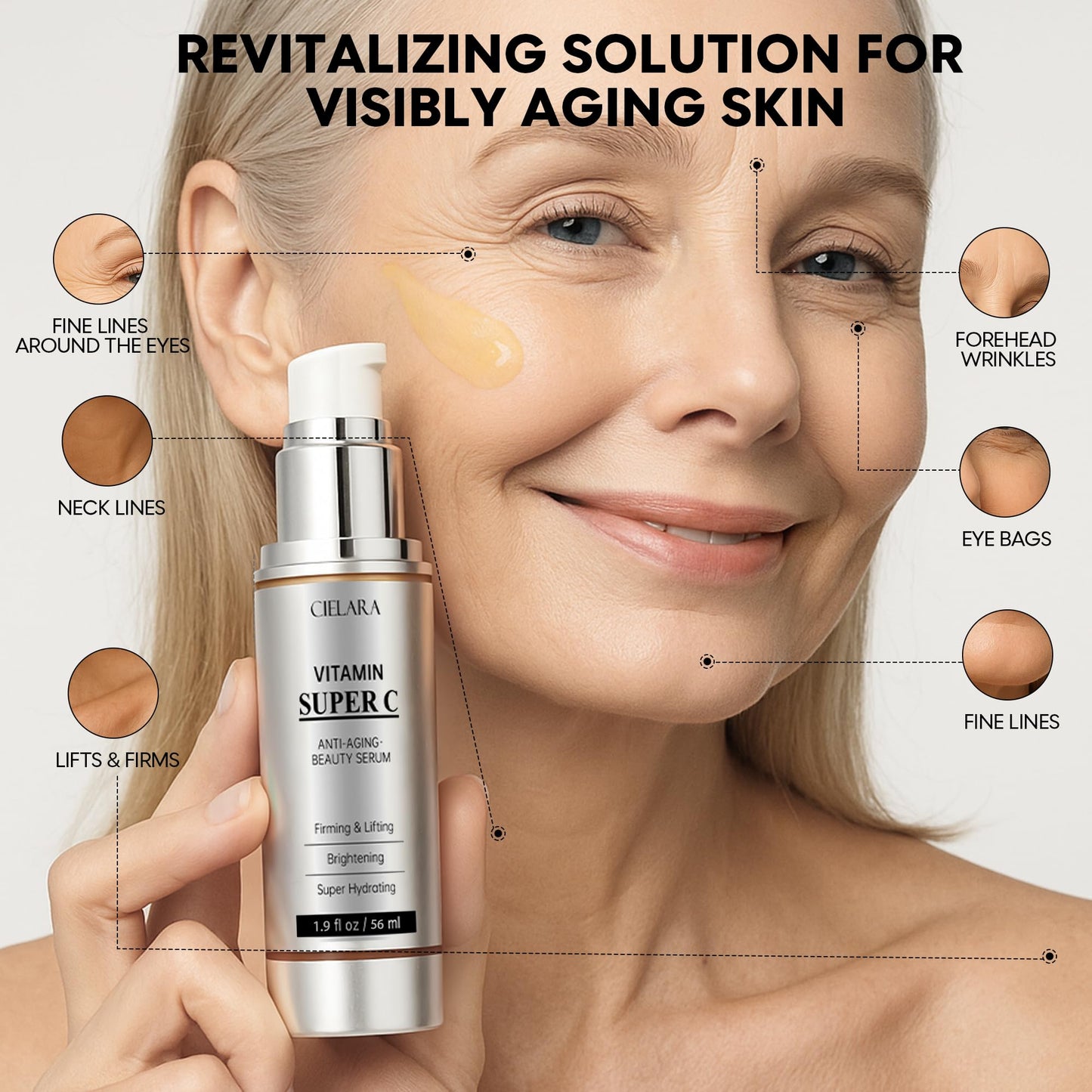 CIELARA Vitamin C Serum for Face, Anti Aging 20% Super C Serum With Vit C Hyaluronic Acid, Vitamin E, Peptides, Collagen Wrinkle Serume for Dark Spot, tighten, firming, lift, Brightening-1.9 Fl Oz