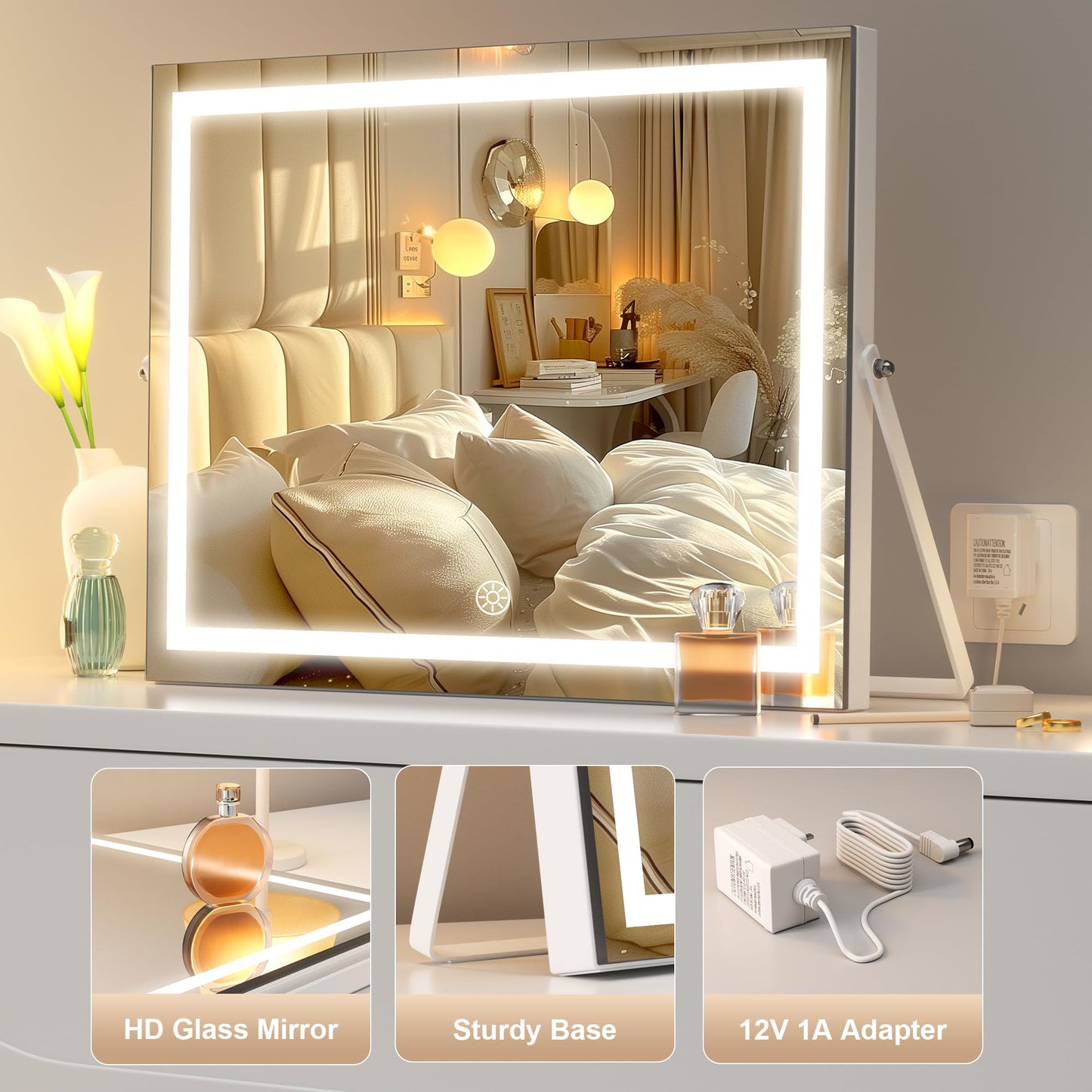 Hasipu Vanity Mirror with Lights, 11.4" x 13.8" LED Makeup Mirror with 10X Magnification, Smart Touch 3 Colors Dimmable, Brightness Adjustment, 360° Rotation, White