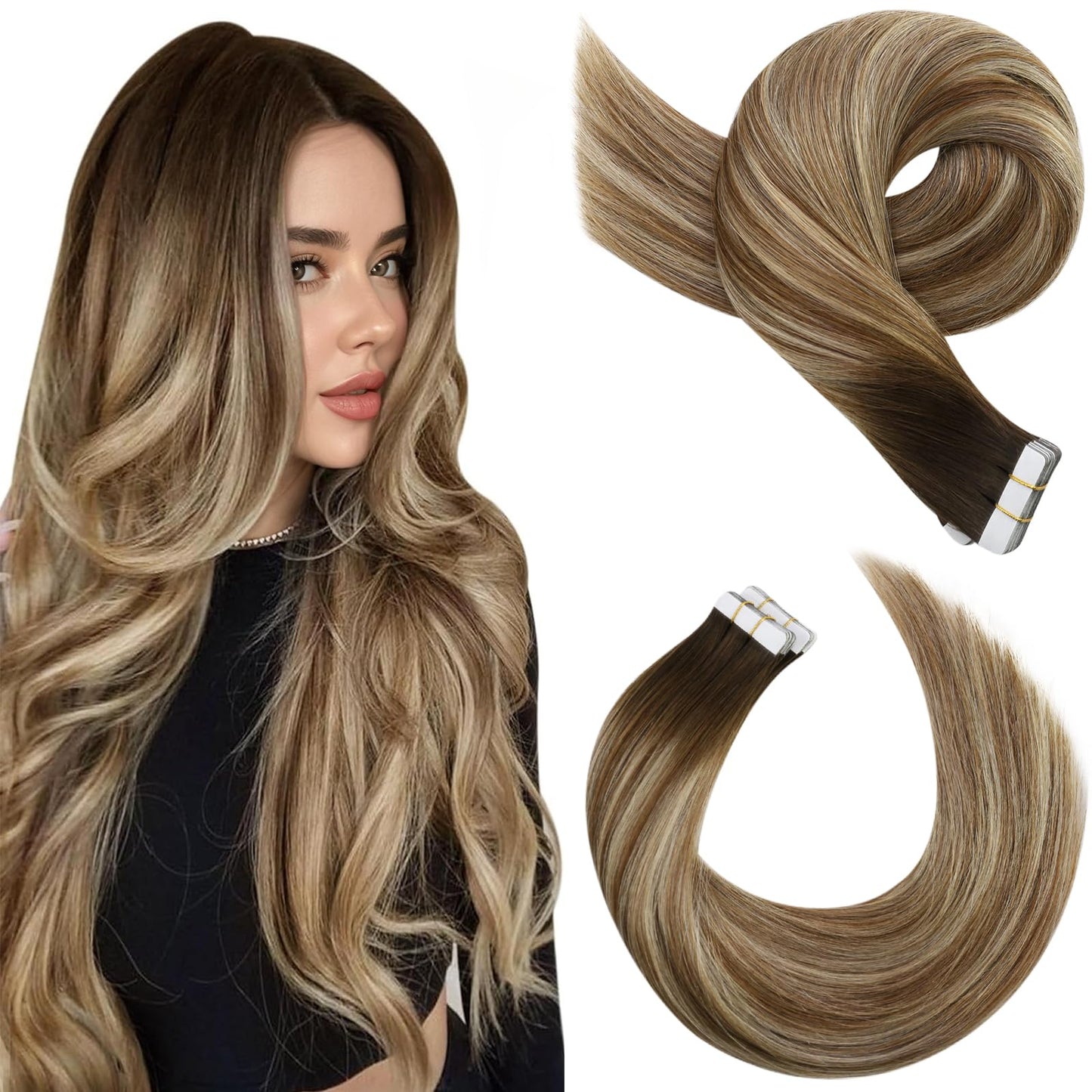 Moresoo Tape in Hair Extensions Ombre Human Hair Tape in Extensions Balayage Dark Brown to Medium Brown Mix with Blonde Human Hair Extensions Glue in Real Hair 18 Inch #4/6/613 20pcs 50g