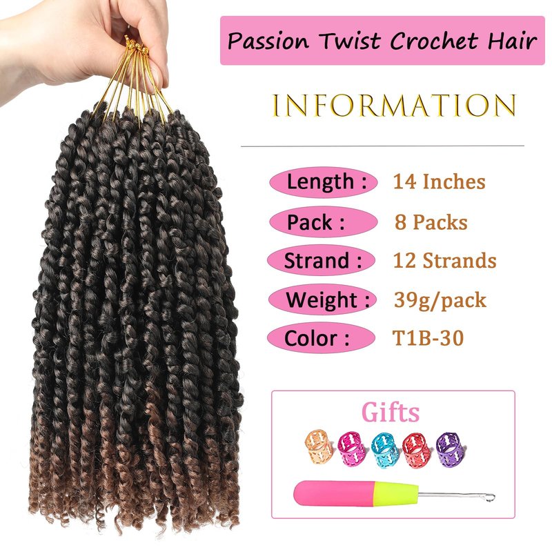8 Packs 14 Inch Pre Looped Passion Twist Hair Bohemian Passion Twist Crochet Hair for Black Women Short Ombre Brown Pre-twisted Crochet Passion Twist Hair for Kids and Girls (14 Inch,T1B/30,8 Packs)
