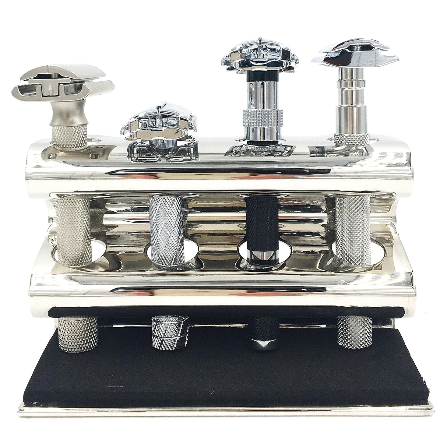 Parker Double Edge Razor Stand - Solid Brass with Mirror Chrome Finish -Holds 4 Razors - Parker Stand with Padded Base - Excellent Storage for Long Handled Double Edge Safety Razors